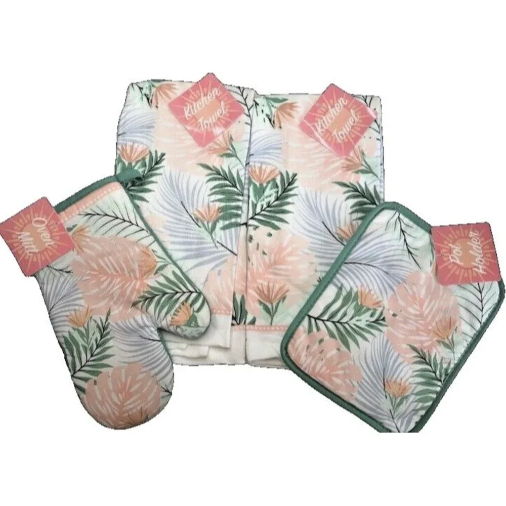 Pink Palm Kitchen Dish Towels Oven Mitt Potholder Beach Summer House Set of 4